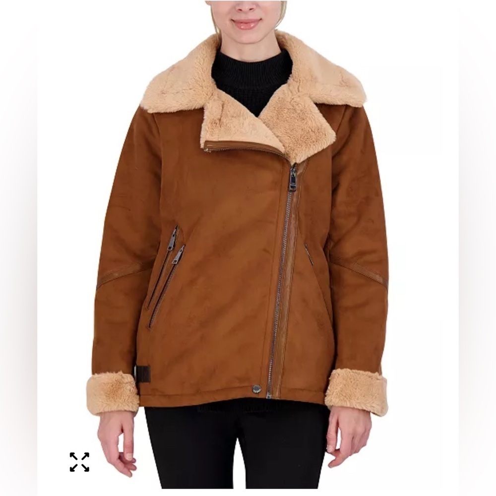 Steve Madden Women’s Faux Shearling Fur Bomber Jacket In Cognac Size Small coat